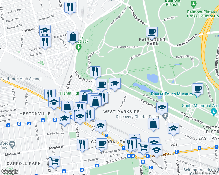 map of restaurants, bars, coffee shops, grocery stores, and more near 5106 Parkside Avenue in Philadelphia