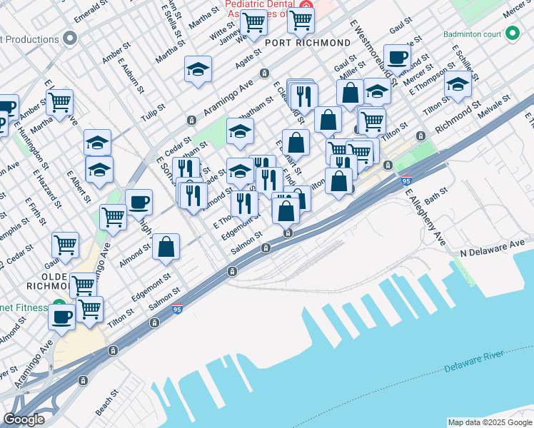 map of restaurants, bars, coffee shops, grocery stores, and more near 2704 East Birch Street in Philadelphia