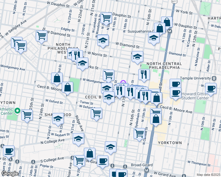 map of restaurants, bars, coffee shops, grocery stores, and more near 1733 North Gratz Street in Philadelphia