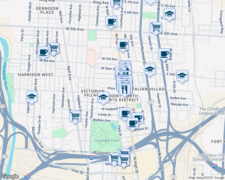 map of restaurants, bars, coffee shops, grocery stores, and more near 59 Price Avenue in Columbus