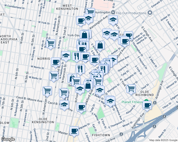 map of restaurants, bars, coffee shops, grocery stores, and more near 2045 Amber Street in Philadelphia