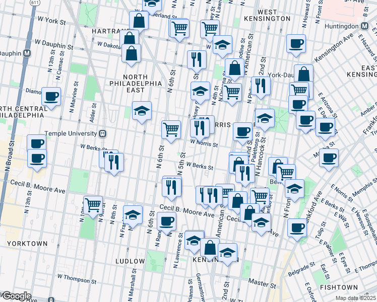 map of restaurants, bars, coffee shops, grocery stores, and more near 1915R North 5th Street in Philadelphia