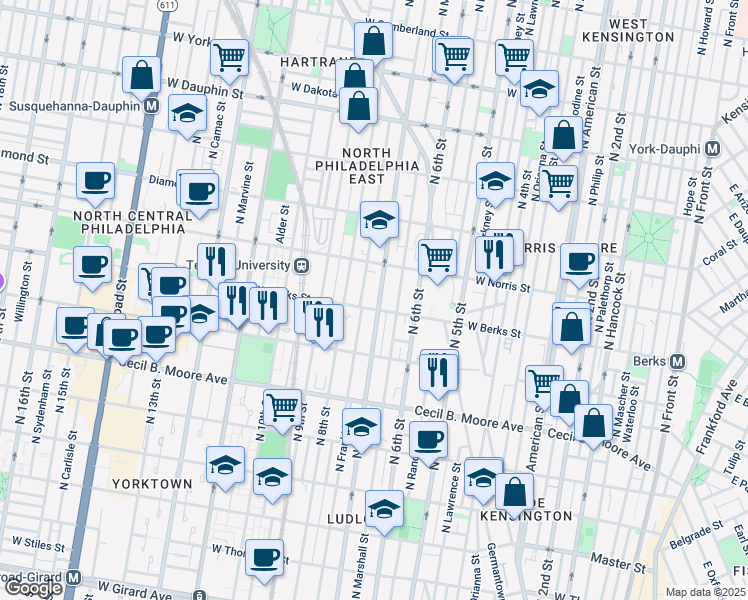 map of restaurants, bars, coffee shops, grocery stores, and more near 1910 North 7th Street in Philadelphia
