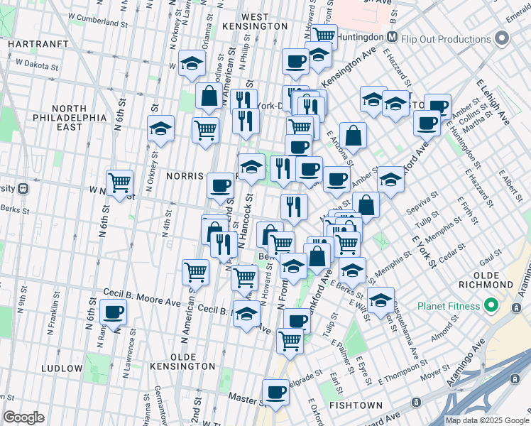 map of restaurants, bars, coffee shops, grocery stores, and more near 2023 North Mascher Street in Philadelphia