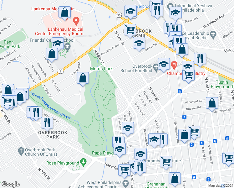 map of restaurants, bars, coffee shops, grocery stores, and more near 6617 Morris Park Road in Philadelphia