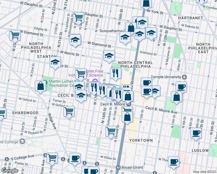 map of restaurants, bars, coffee shops, grocery stores, and more near West Montgomery Avenue in Philadelphia