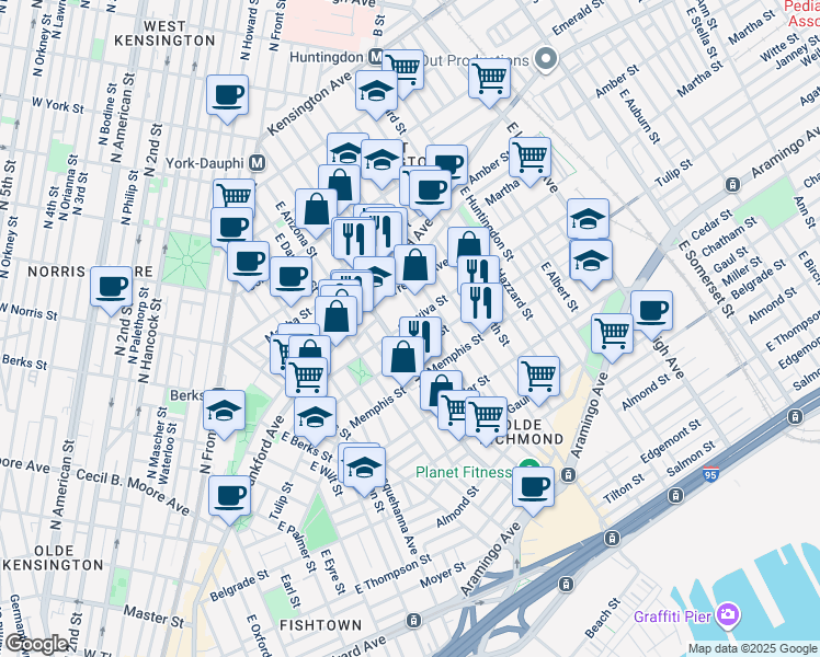 map of restaurants, bars, coffee shops, grocery stores, and more near 2417 Sepviva Street in Philadelphia
