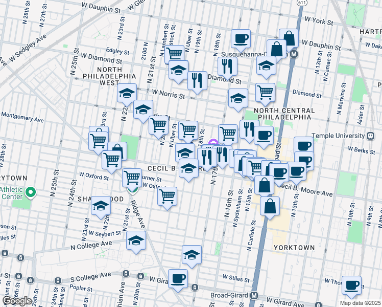 map of restaurants, bars, coffee shops, grocery stores, and more near 1735 North Gratz Street in Philadelphia