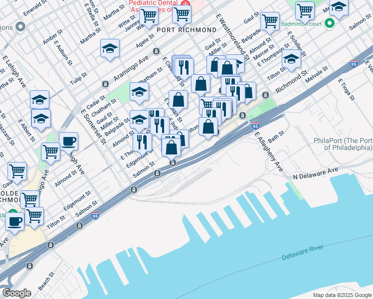 map of restaurants, bars, coffee shops, grocery stores, and more near 2728 East Indiana Avenue in Philadelphia
