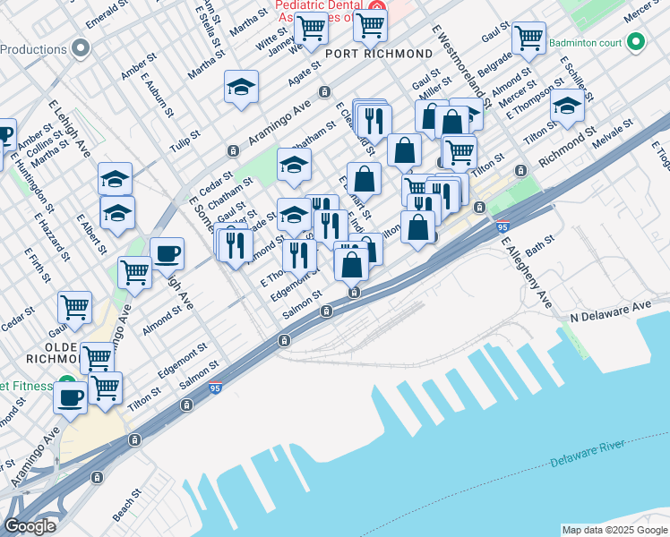 map of restaurants, bars, coffee shops, grocery stores, and more near 2711 East Birch Street in Philadelphia