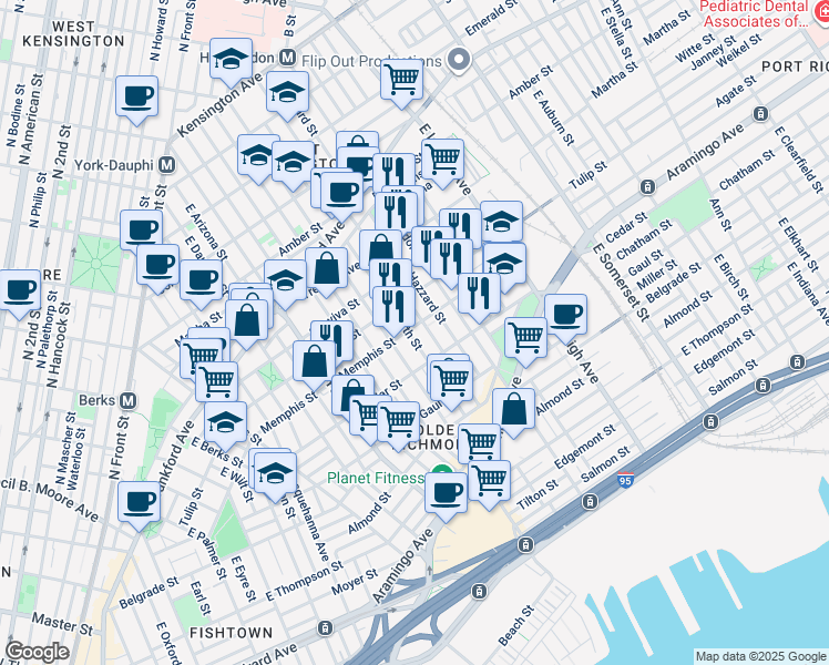 map of restaurants, bars, coffee shops, grocery stores, and more near 2523 Memphis Street in Philadelphia