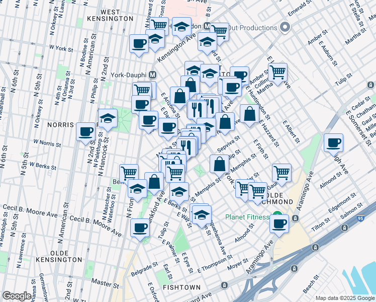 map of restaurants, bars, coffee shops, grocery stores, and more near 2237 Blair Street in Philadelphia