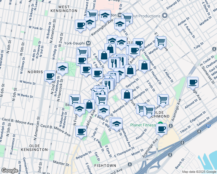 map of restaurants, bars, coffee shops, grocery stores, and more near 2237 Blair Street in Philadelphia