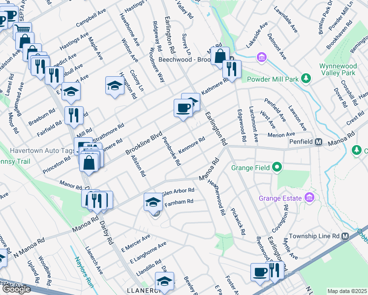 map of restaurants, bars, coffee shops, grocery stores, and more near 322 Kenmore Road in Havertown