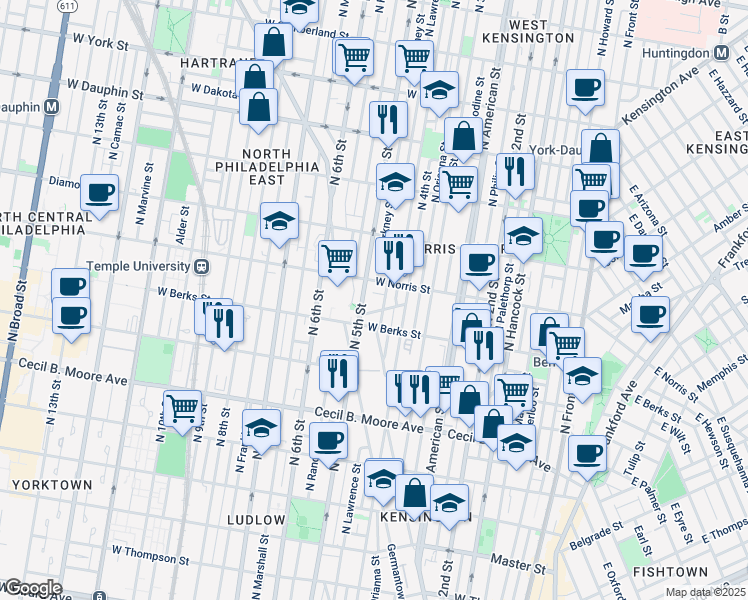 map of restaurants, bars, coffee shops, grocery stores, and more near 1915R North 5th Street in Philadelphia