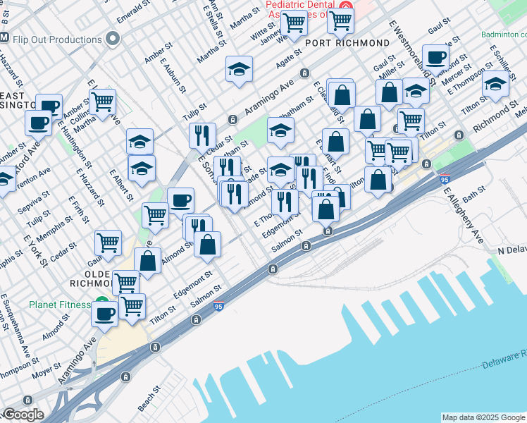 map of restaurants, bars, coffee shops, grocery stores, and more near 2834 East Thompson Street in Philadelphia