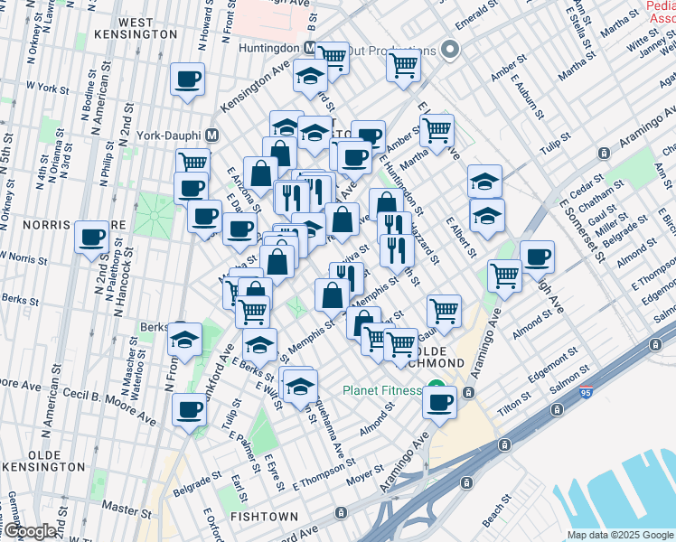 map of restaurants, bars, coffee shops, grocery stores, and more near 2417 Sepviva Street in Philadelphia