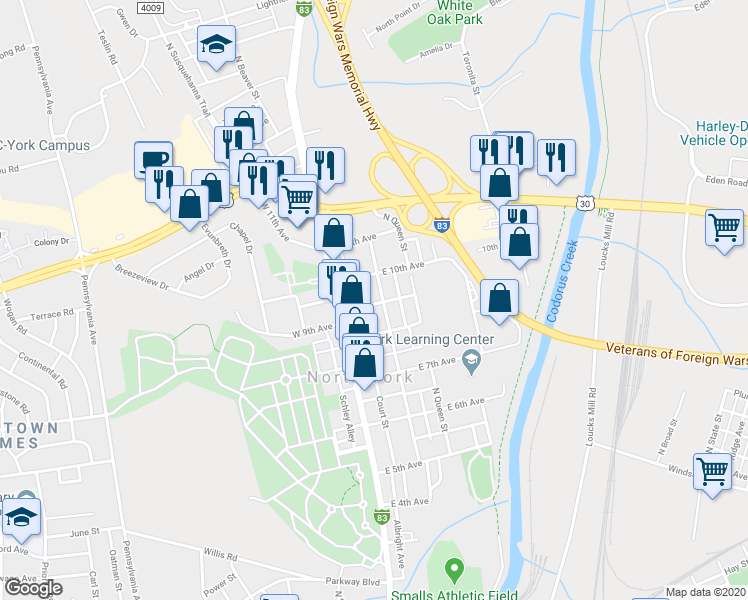 map of restaurants, bars, coffee shops, grocery stores, and more near 41 East 9th Avenue in York