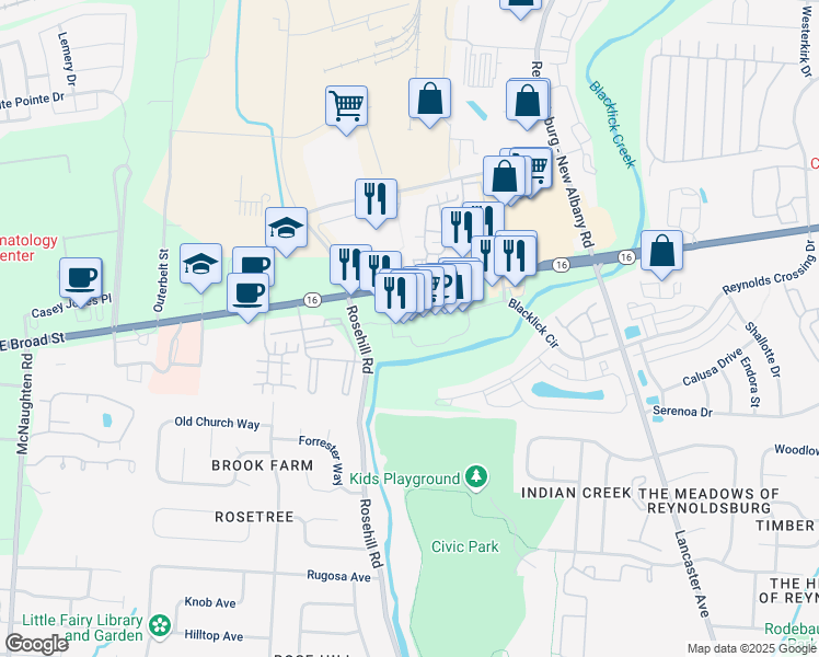 map of restaurants, bars, coffee shops, grocery stores, and more near 6843 East Broad Street in Columbus