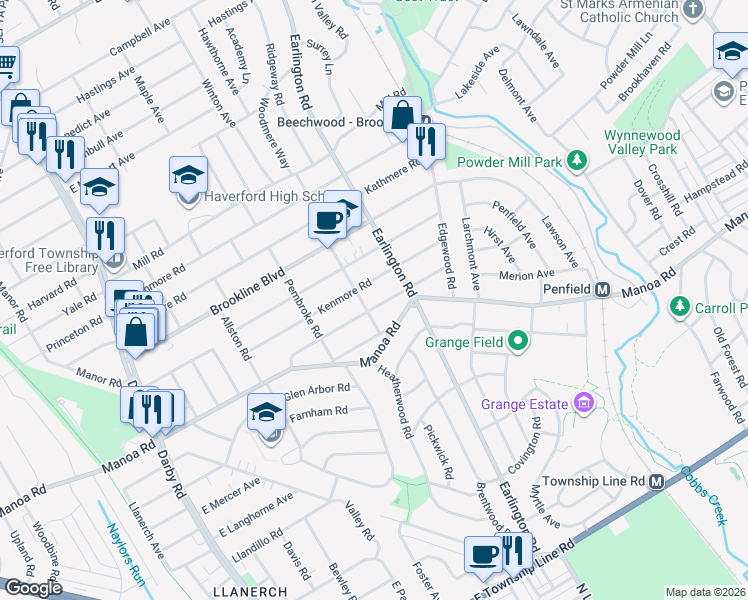 map of restaurants, bars, coffee shops, grocery stores, and more near 408 Oxford Road in Havertown