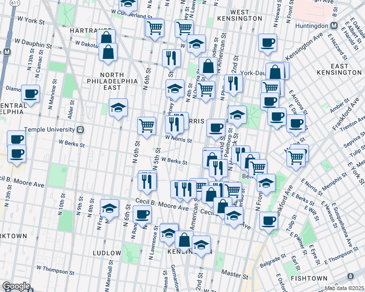 map of restaurants, bars, coffee shops, grocery stores, and more near 1943 North 4th Street in Philadelphia