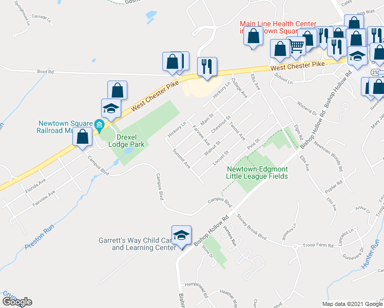 map of restaurants, bars, coffee shops, grocery stores, and more near 213 Chestnut Street in Newtown Square
