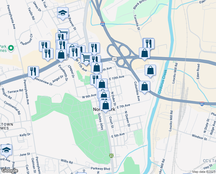 map of restaurants, bars, coffee shops, grocery stores, and more near 41 East 9th Avenue in York