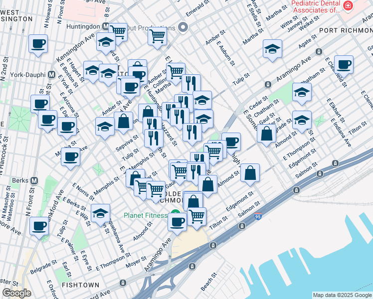 map of restaurants, bars, coffee shops, grocery stores, and more near 2576 Cedar Street in Philadelphia