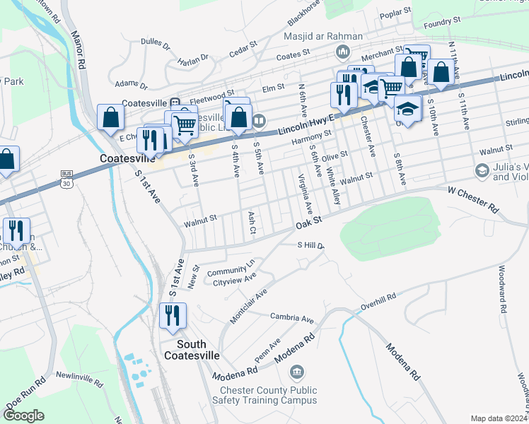 map of restaurants, bars, coffee shops, grocery stores, and more near 120 South 5th Avenue in Coatesville