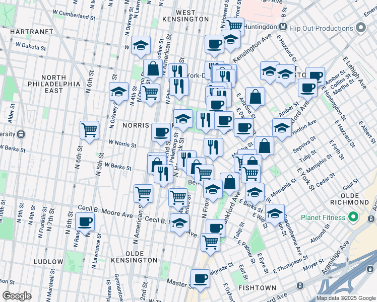 map of restaurants, bars, coffee shops, grocery stores, and more near 2005 North Mascher Street in Philadelphia