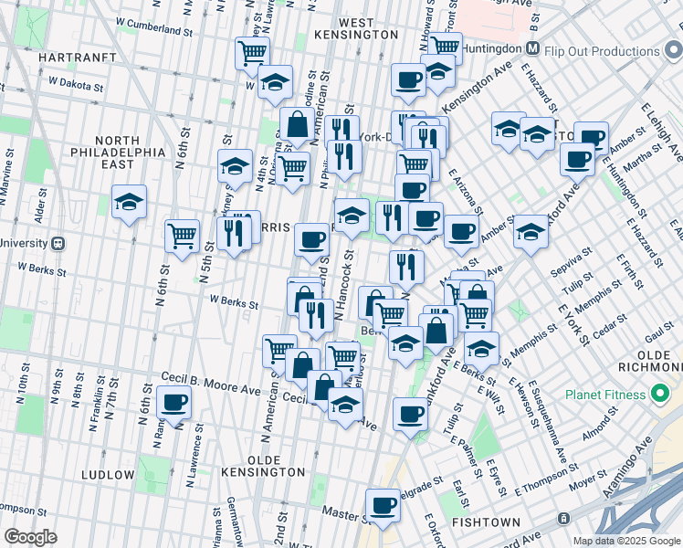 map of restaurants, bars, coffee shops, grocery stores, and more near 179 West Norris Street in Philadelphia