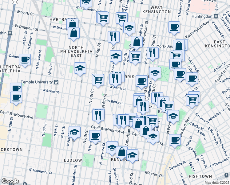 map of restaurants, bars, coffee shops, grocery stores, and more near 1932 North Leithgow Street in Philadelphia