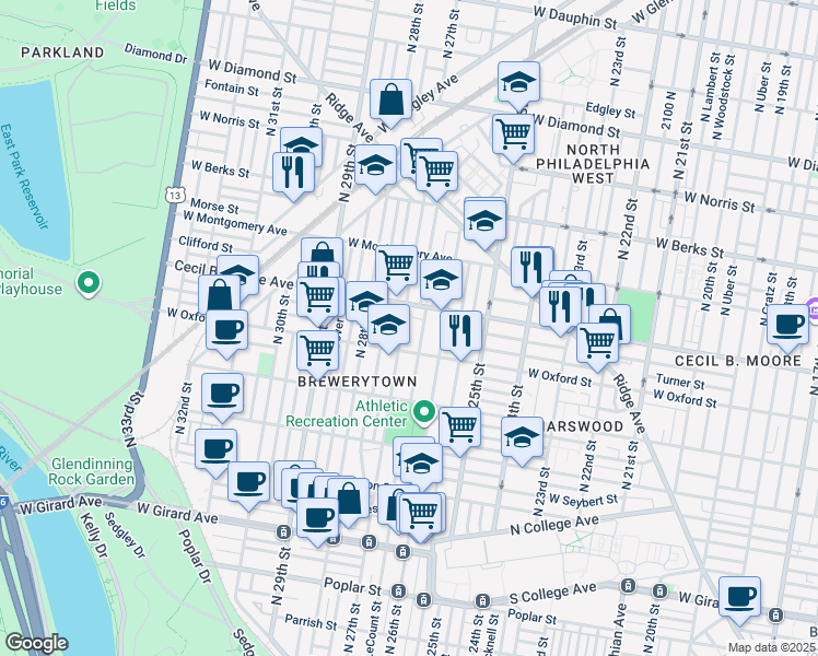 map of restaurants, bars, coffee shops, grocery stores, and more near 1631 N 27th St in Philadelphia