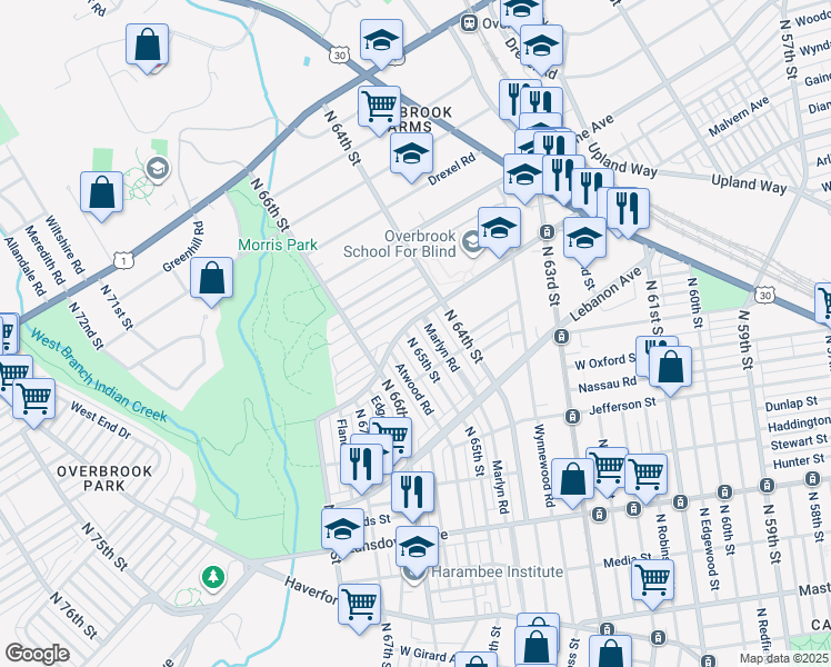 map of restaurants, bars, coffee shops, grocery stores, and more near 1241 North 65th Street in Philadelphia