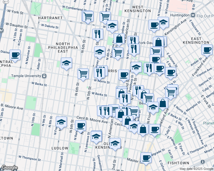 map of restaurants, bars, coffee shops, grocery stores, and more near 1955 North Orianna Street in Philadelphia