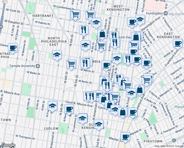 map of restaurants, bars, coffee shops, grocery stores, and more near 1961 North Orianna Street in Philadelphia