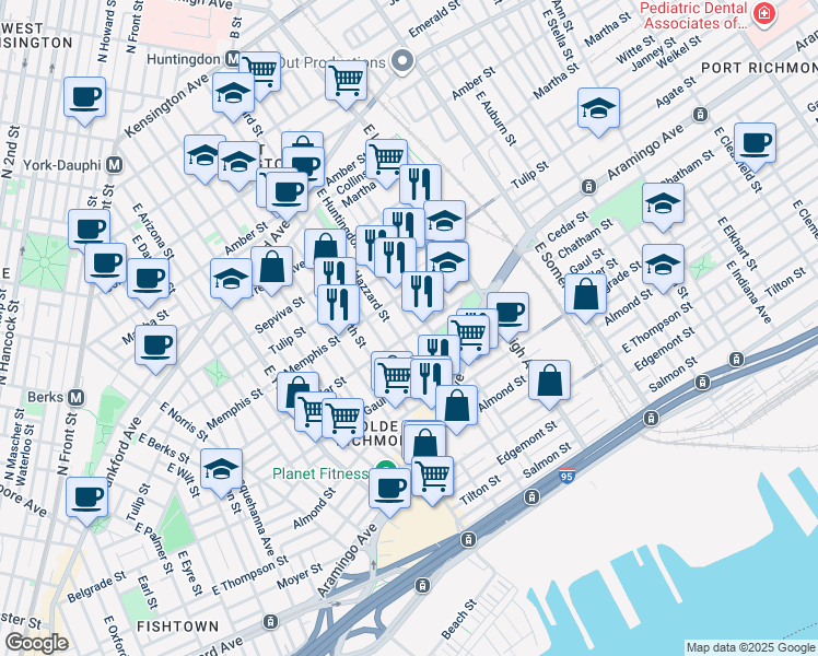 map of restaurants, bars, coffee shops, grocery stores, and more near 2576 Cedar Street in Philadelphia