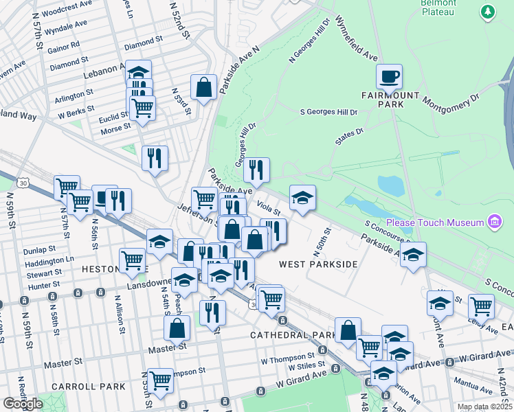 map of restaurants, bars, coffee shops, grocery stores, and more near 5180 Viola Street in Philadelphia