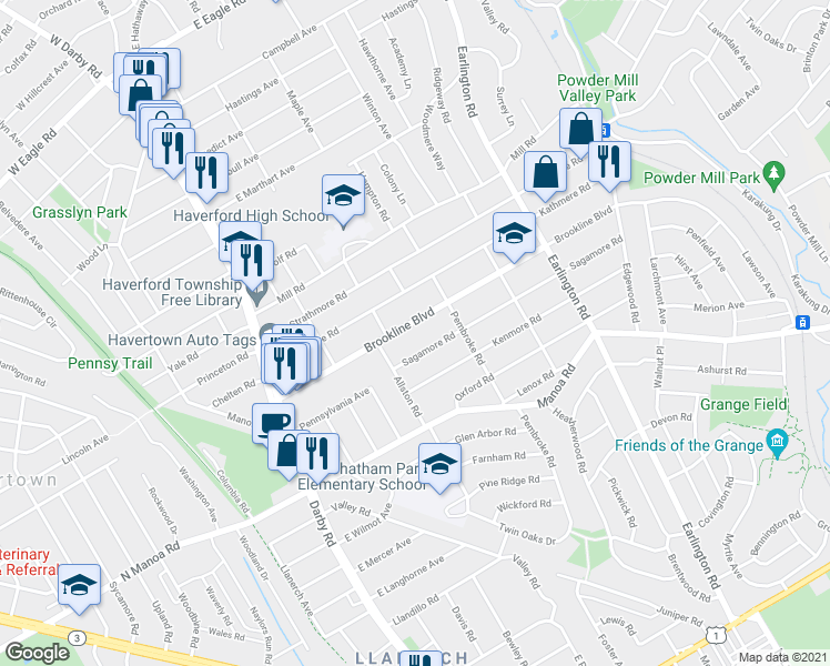 map of restaurants, bars, coffee shops, grocery stores, and more near 229 Brookline Blvd in Havertown