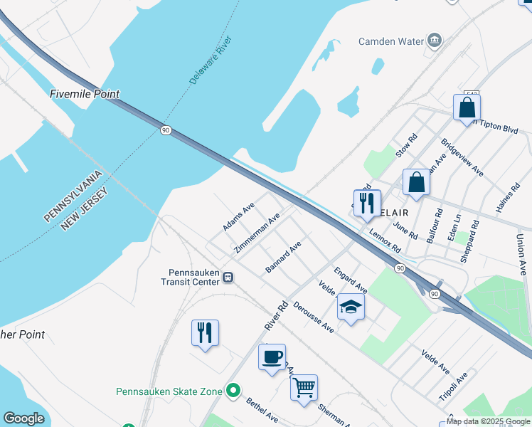 map of restaurants, bars, coffee shops, grocery stores, and more near 234 Velde Avenue in Pennsauken