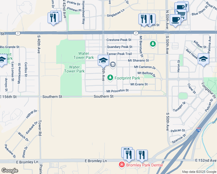 map of restaurants, bars, coffee shops, grocery stores, and more near 4499 Mount Sneffels Street in Brighton