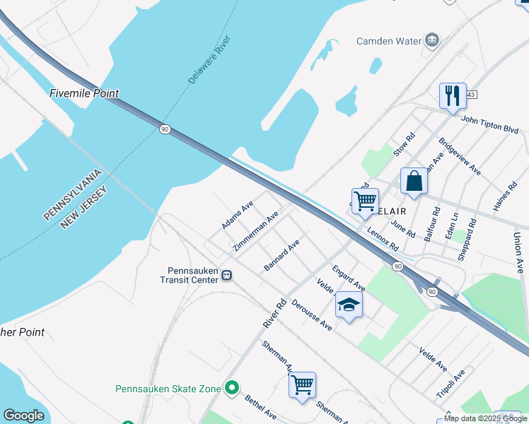 map of restaurants, bars, coffee shops, grocery stores, and more near 210 Velde Avenue in Pennsauken Township