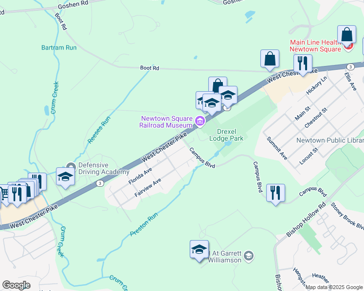 map of restaurants, bars, coffee shops, grocery stores, and more near 4236 West Chester Pike in Newtown Square