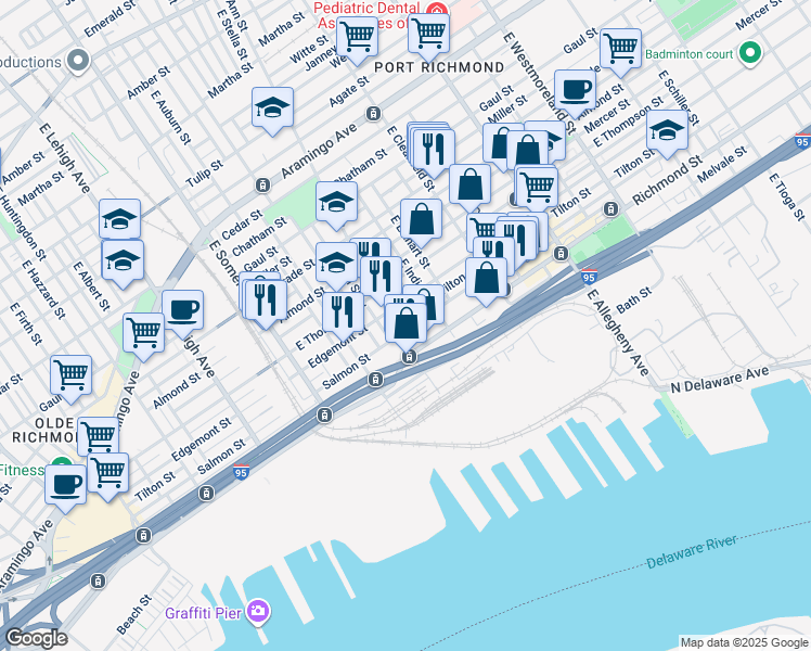 map of restaurants, bars, coffee shops, grocery stores, and more near 2956 Salmon Street in Philadelphia