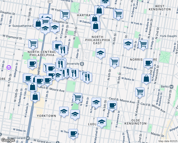 map of restaurants, bars, coffee shops, grocery stores, and more near 809 West Berks Street in Philadelphia