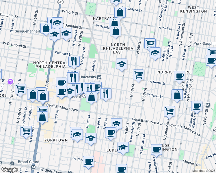 map of restaurants, bars, coffee shops, grocery stores, and more near 809 West Berks Street in Philadelphia