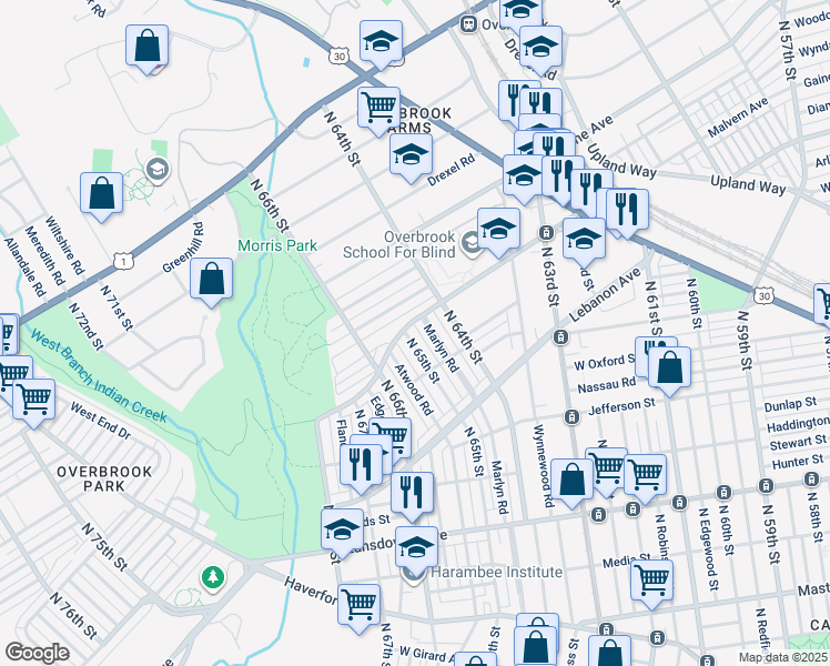 map of restaurants, bars, coffee shops, grocery stores, and more near 1241 North 65th Street in Philadelphia