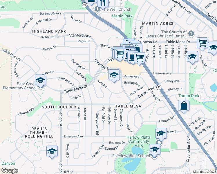 map of restaurants, bars, coffee shops, grocery stores, and more near 4154 63rd Street in Boulder