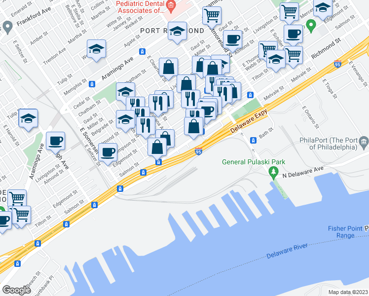 map of restaurants, bars, coffee shops, grocery stores, and more near 3027 Richmond Street in Philadelphia