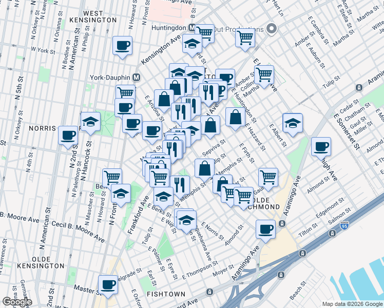 map of restaurants, bars, coffee shops, grocery stores, and more near in Philadelphia